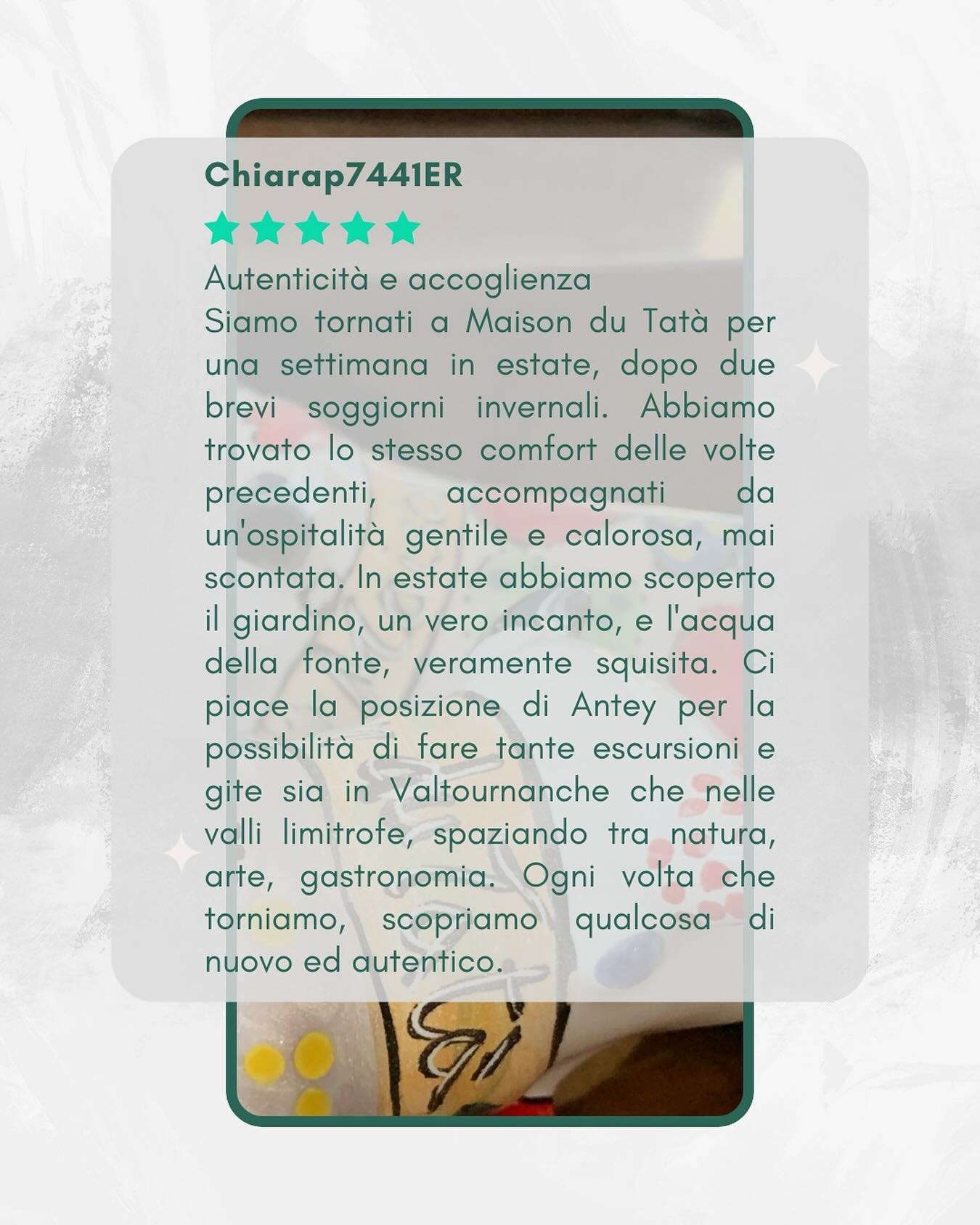 ❤️ Quando leggiamo le vostre parole, che raccontano di ritorni in diverse stagioni, della gioia di scoprire il nostro giardino fiorito o della semplice bontà dell’acqua di fonte, è una conferma che ci riempie il cuore. È la prova che la nostra « ospitalità gentile e calorosa, mai scontata » fa davvero la differenza, e che l’autenticità che mettiamo in ogni dettaglio viene percepita e apprezzata.Le vostre recensioni non sono solo feedback per noi. Sono guide preziose che ci aiutano a migliorare, a crescere e a far conoscere il nostro angolo di paradiso. Ogni vostra storia, ogni esperienza, ogni piccolo dettaglio che condividete, diventa parte integrante dei ricordi di Maison du Tatà. Ci aiutate a scrivere nuovi capitoli, rendendo ogni soggiorno un’esperienza unica e irripetibile.Un grazie speciale a tutti voi che, con le vostre parole, contribuite a rendere la nostra storia così autentica e vera.E voi, siete pronti a lasciare il vostro segno e a diventare parte dei ricordi di Maison du Tatà?🏡 #maisondutatà💙 #accoglienzasicura🏡🏡🏡🏡🏡#recensioni #storievere #ospiti #grazieavoi #accoglienzaautentica #ospitalitàvaldostana #miglioraresempre #crescereinsieme #ricordidiviaggio #valledaosta #giardinoincantato #escursionivalledaosta #vacanzeinmontagna #turismoesperienziale #sentirsicomeacasa #comunità #feedbackpreziosi #condividiiltuoviaggio