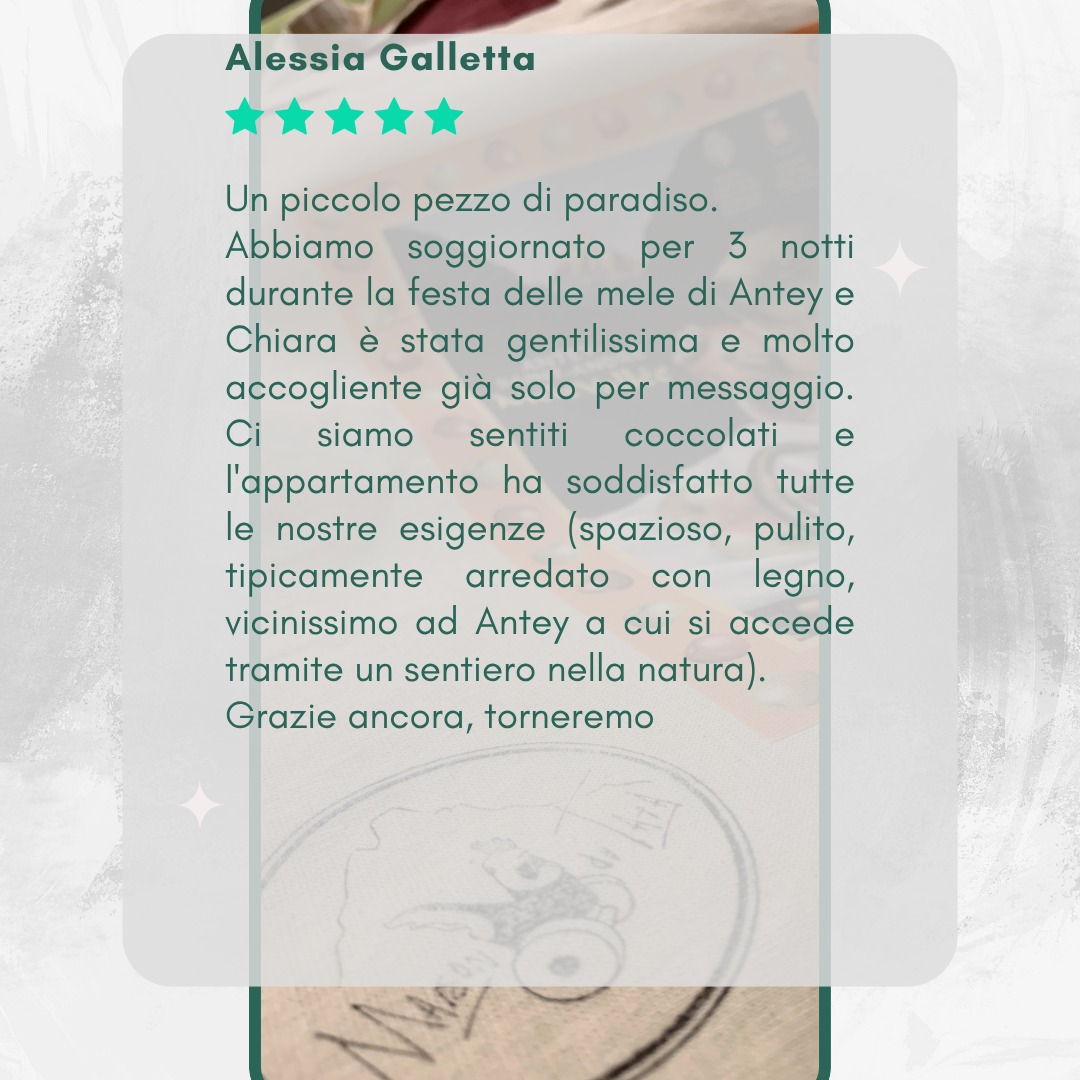 Il Nostro Vantaggio, la Tua Guida. ✨Ogni tua parola su Maison du Tatà è per noi oro puro. Non solo feedback, ma la chiave della nostra crescita e del nostro continuo miglioramento.Comprendiamo che l'esperienza perfetta si costruisce insieme. Le tue recensioni ci guidano a elevare la nostra ospitalità, trasformando ogni soggiorno in un ricordo indimenticabile. Scegliendo noi, scegli la qualità autentica che tu stesso ci aiuti a perfezionare.Senti la differenza? Aiutaci a farla conoscere. Lascia la tua recensione, costruiamo insieme il futuro di Maison du Tatà. 💖🏡 #maisodutatà💙 #accoglienzasicura🏡🏡🏡🏡🏡#recensioniverificate #crescereinsieme #feedbackpreziosi #valoredegliospiti #ospitalitàautentica #miglioraresempre #sentirsicomeacasa #grazieavoi #valledaosta #storievere #eccellenza #turismoesperienziale #passioneperlospremito #futuroinsieme #community #viaggiatorifelici #accoglienza #montagnadapartecipare #lavoroconamore