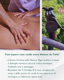 Ti sei mai chiesto cosa trasforma un soggiorno a Maison du Tatà in qualcosa di indimenticabile?L'Anima Artistica nella Natura: non troverai solo un design curato, ma pezzi unici di arte e scultura in legno che narrano la nostra montagna, integrandosi perfettamente con la bellezza del paesaggio circostante. Dal piccolo gufo saggio nel giardino ai dettagli materici del legno, ogni elemento è una pennellata di autenticità e connessione con il territorio. La nostra unicità è respirare arte in mezzo alla natura.Benessere che ti Avvolge: oltre all'aria pura di Antey, offriamo un'attenzione al tuo benessere che va oltre il semplice riposo. Grazie alla collaborazione con lo studio Il Massaggio, ti invitiamo a un relax profondo, rigenerante, che completa la tua esperienza di montagna. È la cura del corpo e dello spirito, parte integrante del nostro concetto di accoglienza unica.A Maison du Tatà, non ti offriamo un luogo, ma una filosofia di vita. Vieni a scoprirla. 💖🏡#maisondutatà💙#accoglienzasicura🏡🏡🏡🏡🏡#maisondutatàunica #arteinmontagna #benesseremontano #valledaosta #ospitalitàdarte #sceltedicuore #relaxprofondo #designnaturale #esclusività #curadelcorpoedelspirito #slowtravel #esperienzeuniche #montagnaperlanima #qualitàautentica #antey #valoreaggiunto #rifugioperfetto #arteecreazione #sentirsibene #maisondutatà